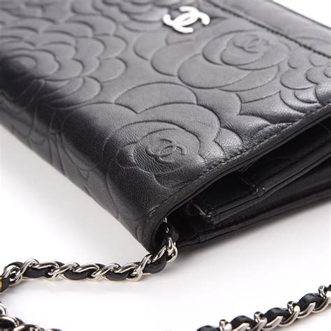 chanel camellia embossed wallet|Chanel wallet on chain measurements.